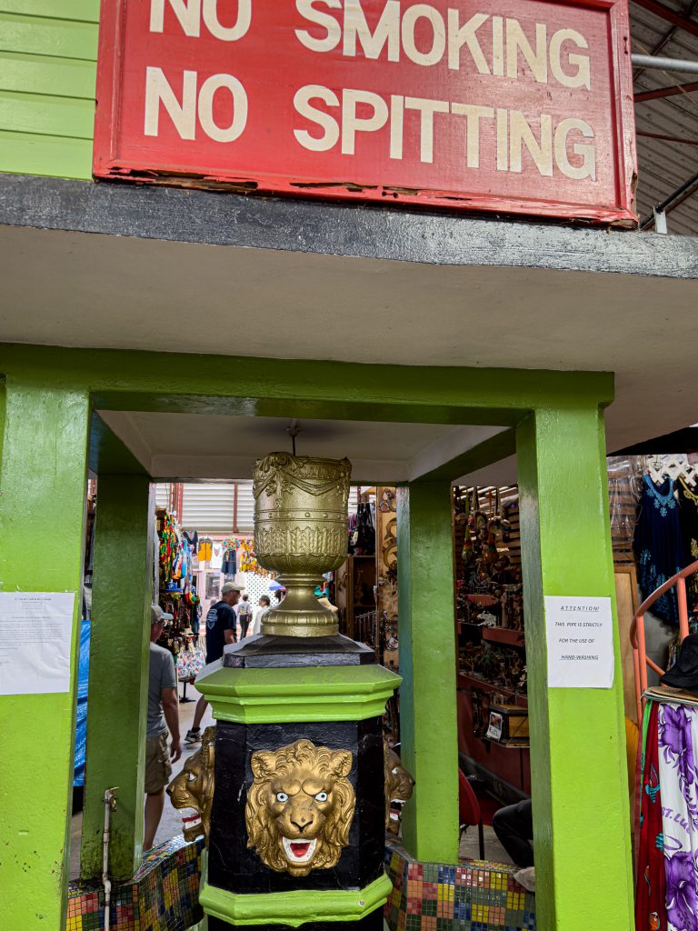 No Smoking No Spitting sign on top of brightly colored lion water spout and urn for washing hands