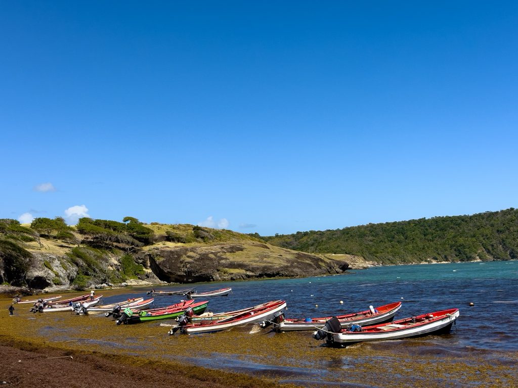 Brightly colored fishing boats in St. Lucia with rich green hills in the background.